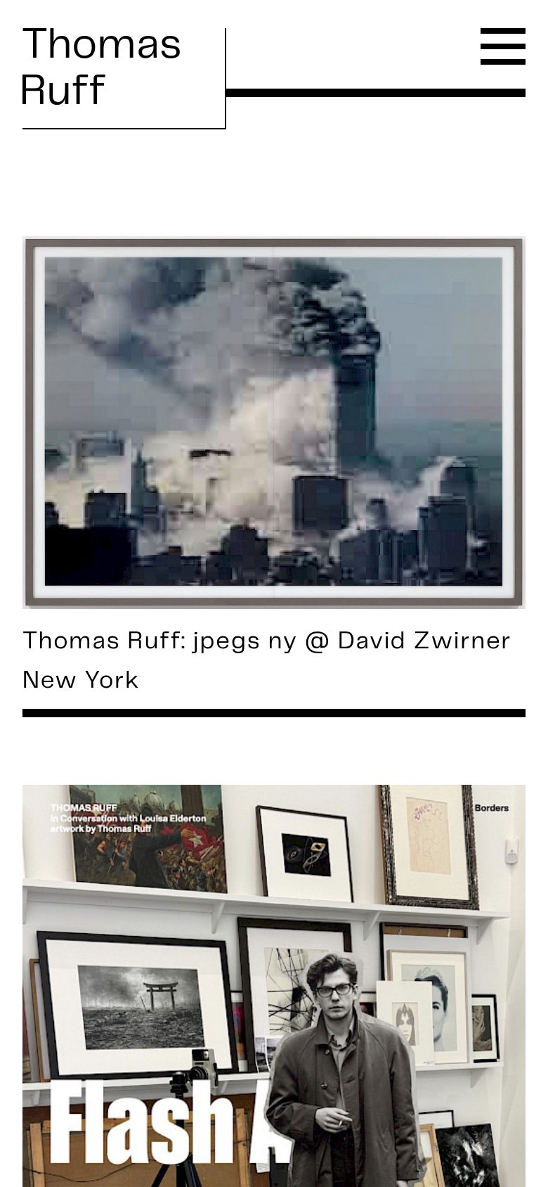 Mobile Ansicht von thomasruff.com: großer Name, darunter das Werk mit Rahmen und Bildunterschrift.