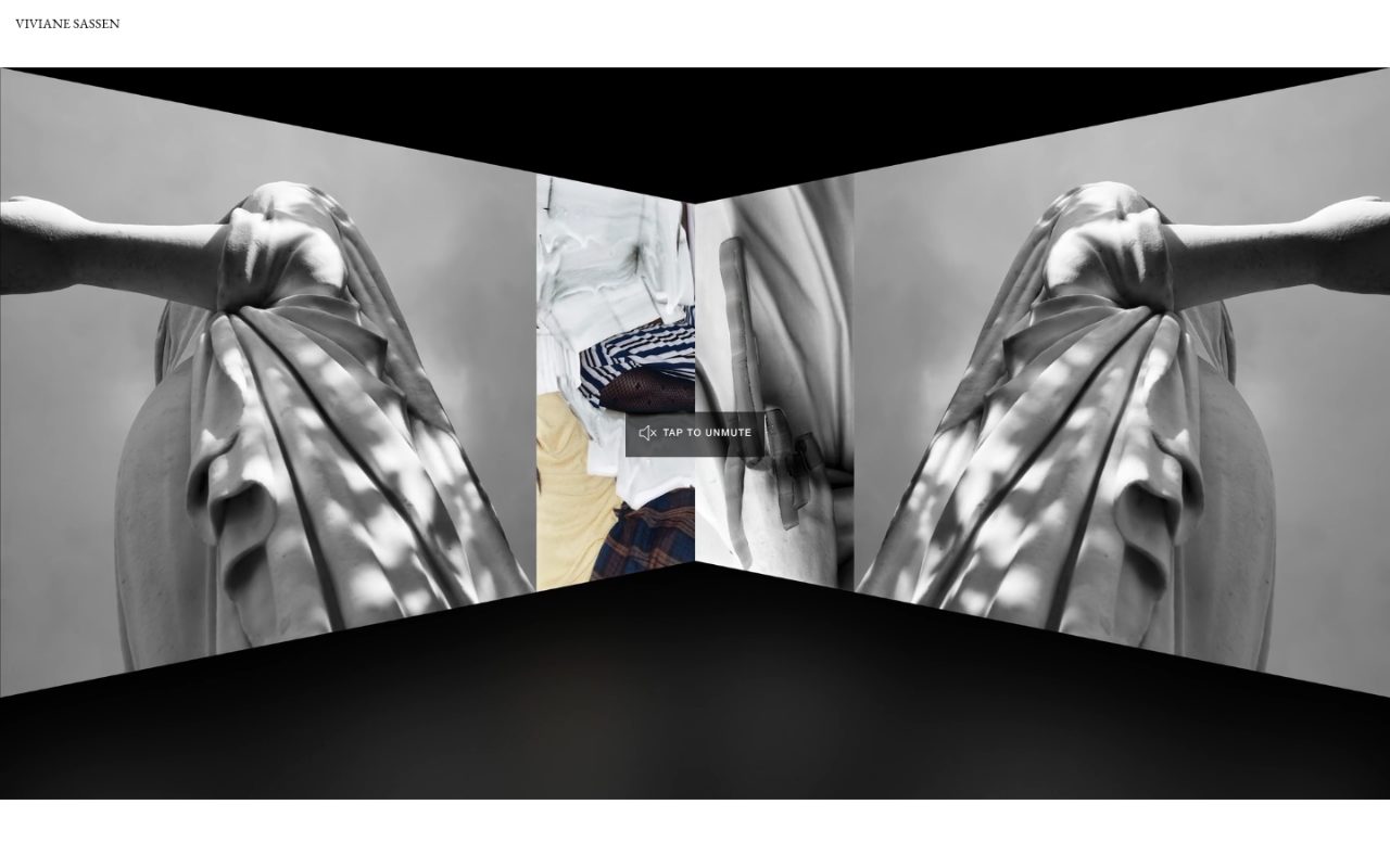 Startseite von vivianesassen.com: schwarze Videofläche mit dreigeteilter Collage, oben links der Name in Versalien, Hinweis TAP TO UNMUTE.