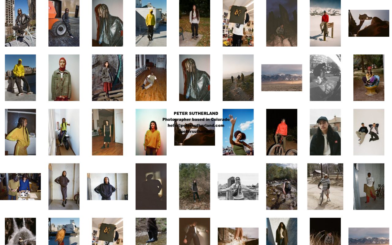 Startseite von petersutherland.com: dichtes Raster aus Dutzenden kleinen Fotos, in der Mitte ein weißer Textblock mit Name und Kontakt.